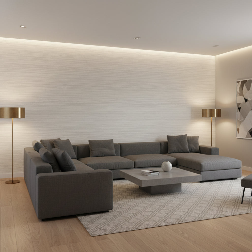Morada Bay Grey | Thibaut Wallcoverings - Living Room Visualization (AI-generated, may not be to scale. Verify pattern scale with product specifications.)