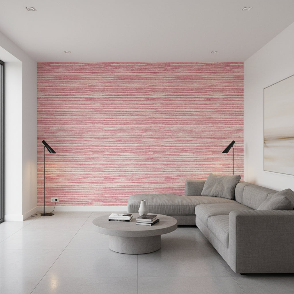 Morada Bay Raspberry | Thibaut Wallcoverings - Living Room Visualization (AI-generated, may not be to scale. Verify pattern scale with product specifications.)