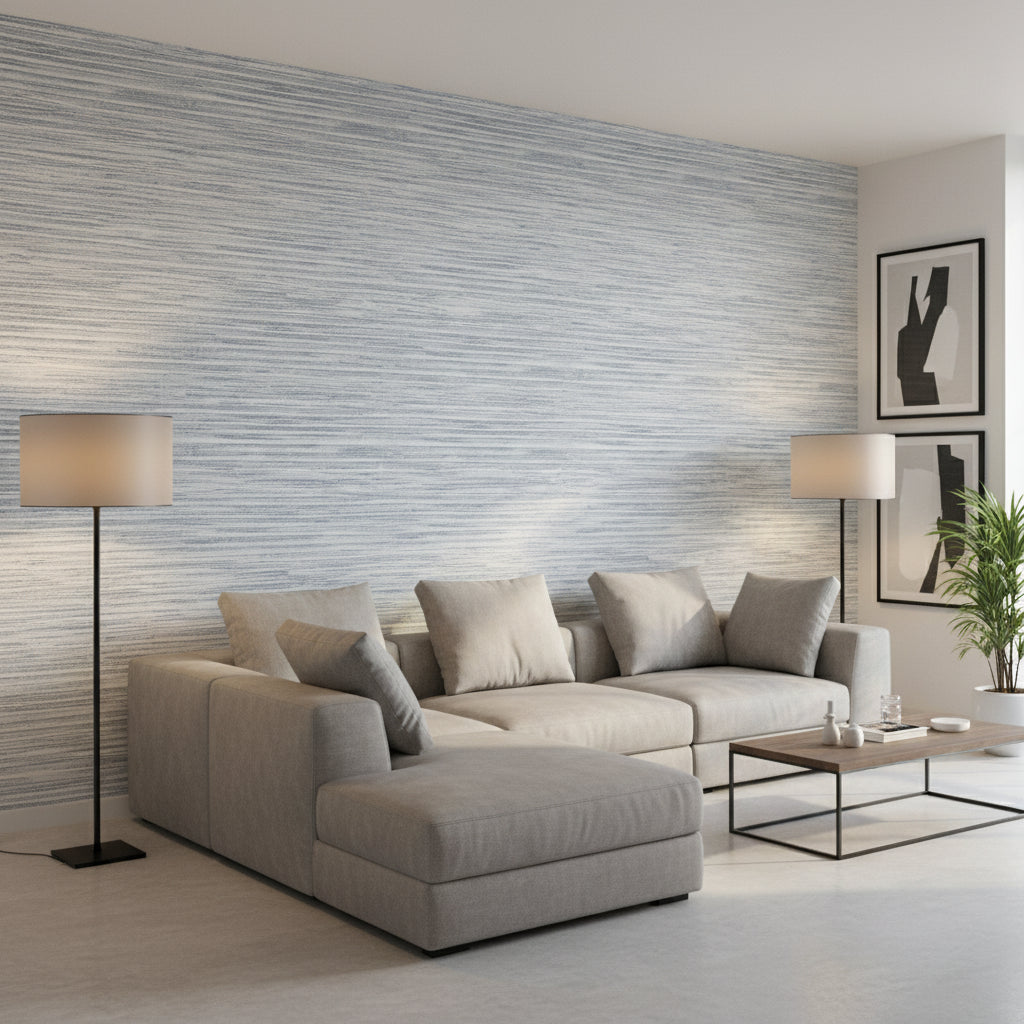 Morada Bay Slate | Thibaut Wallcoverings - Living Room Visualization (AI-generated, may not be to scale. Verify pattern scale with product specifications.)
