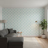 Box Kite Turquoise | Thibaut Wallcoverings - Living Room Visualization (AI-generated, may not be to scale. Verify pattern scale with product specifications.)