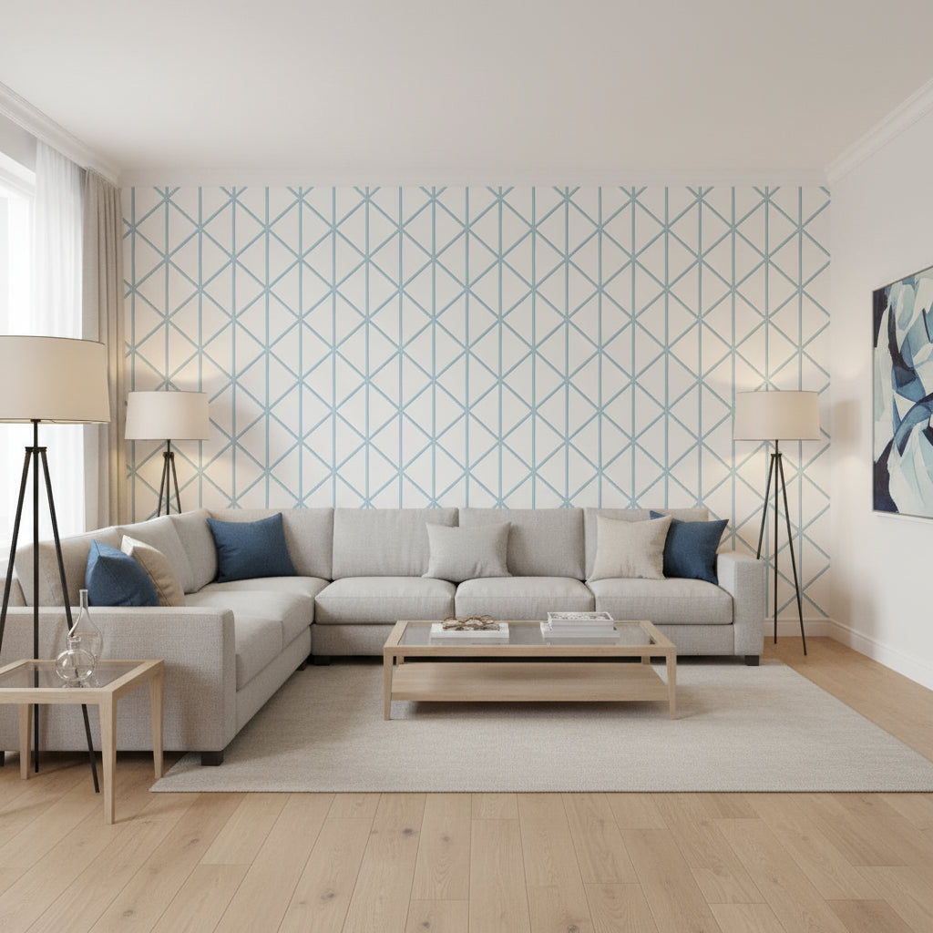 Box Kite Spa Blue | Thibaut Wallcoverings - Living Room Visualization (AI-generated, may not be to scale. Verify pattern scale with product specifications.)