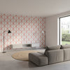 Box Kite Coral | Thibaut Wallcoverings - Living Room Visualization (AI-generated, may not be to scale. Verify pattern scale with product specifications.)