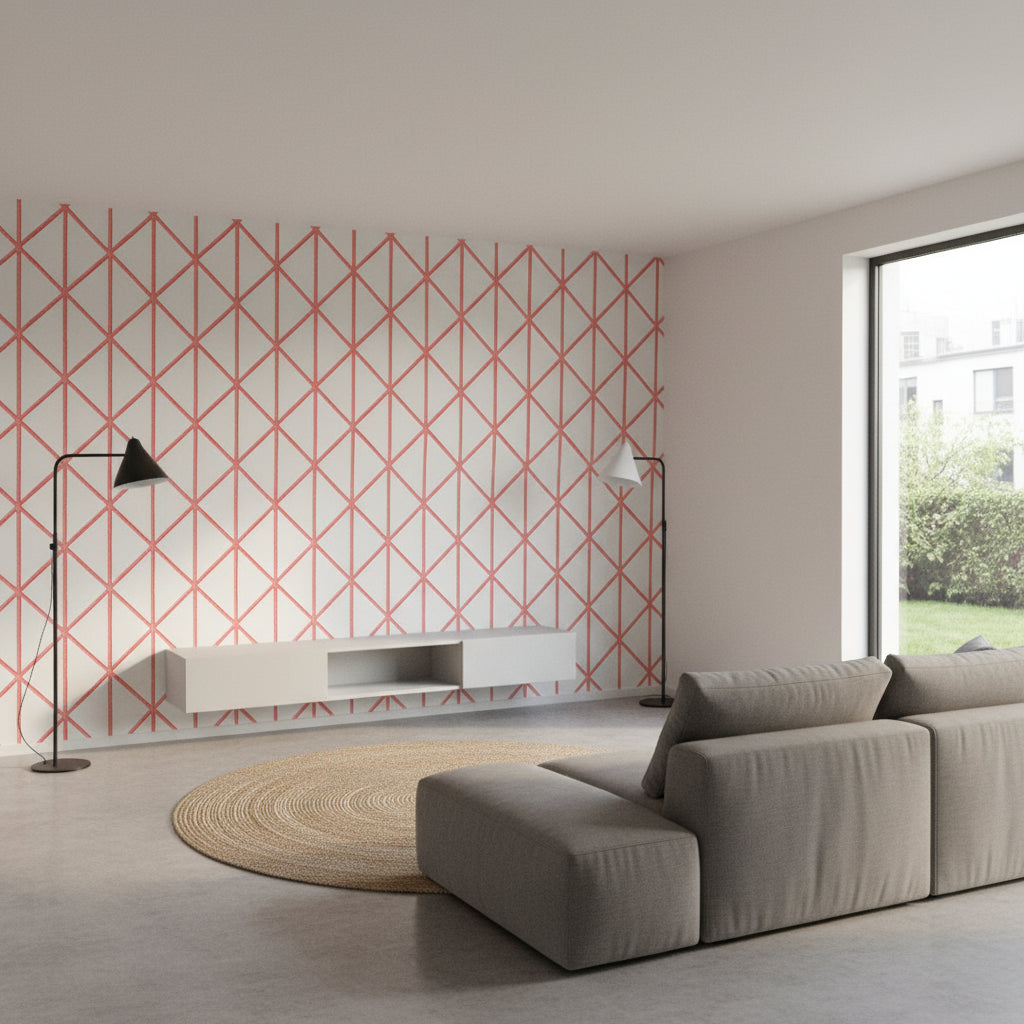 Box Kite Coral | Thibaut Wallcoverings - Living Room Visualization (AI-generated, may not be to scale. Verify pattern scale with product specifications.)