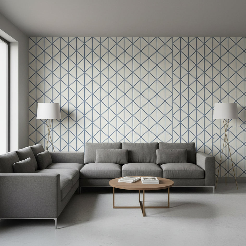 Box Kite Navy | Thibaut Wallcoverings - Living Room Visualization (AI-generated, may not be to scale. Verify pattern scale with product specifications.)