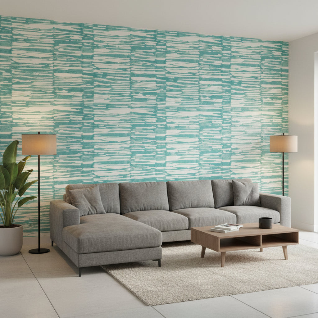 Ischia Turquoise | Thibaut Wallcoverings - Living Room Visualization (AI-generated, may not be to scale. Verify pattern scale with product specifications.)