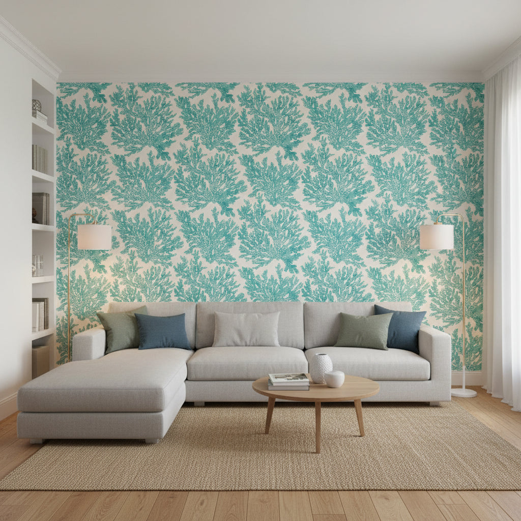 Marine Coral Turquoise | Thibaut Wallcoverings - Living Room Visualization (AI-generated, may not be to scale. Verify pattern scale with product specifications.)