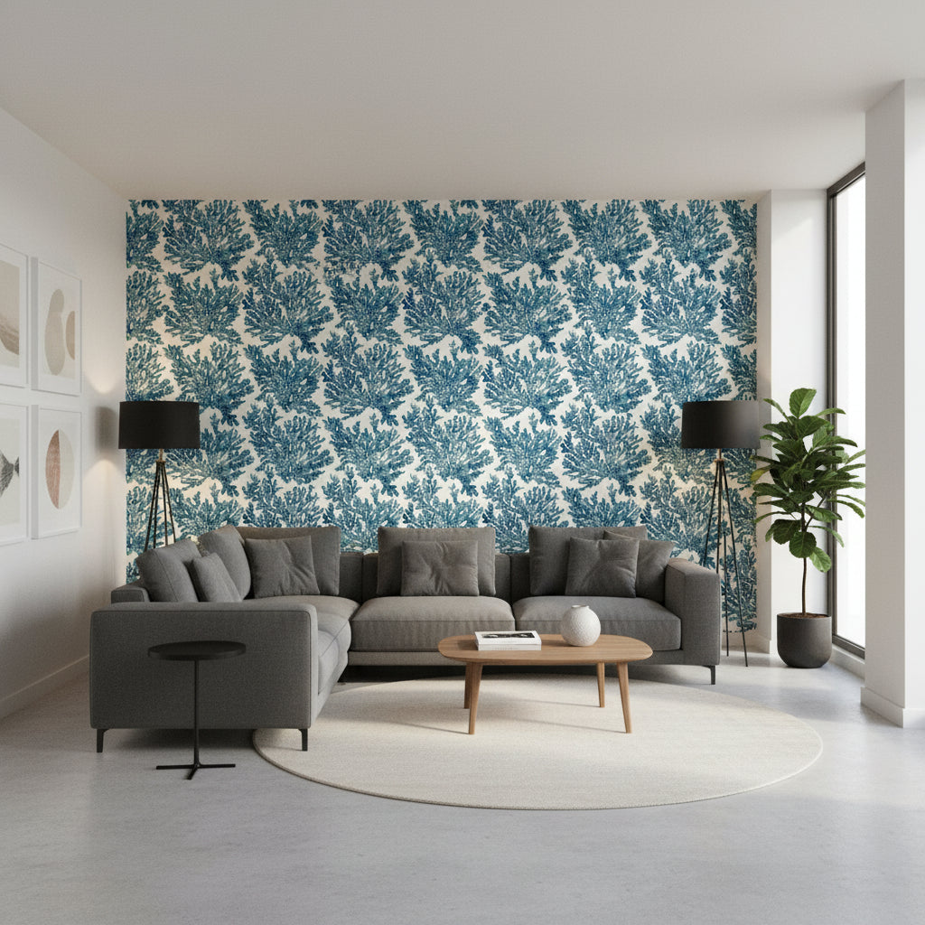 Marine Coral Navy | Thibaut Wallcoverings - Living Room Visualization (AI-generated, may not be to scale. Verify pattern scale with product specifications.)