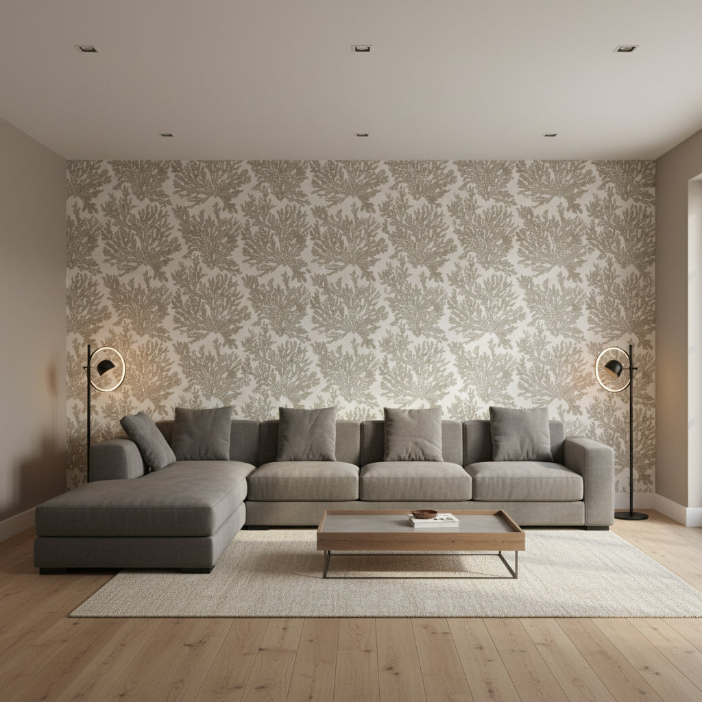 Marine Coral Beige | Thibaut Wallcoverings - Living Room Visualization (AI-generated, may not be to scale. Verify pattern scale with product specifications.)
