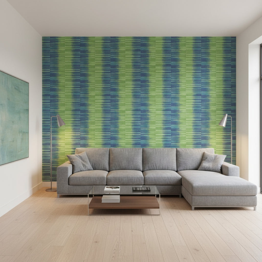 Mekong Stripe Green and Blue | Thibaut Wallcoverings - Living Room Visualization (AI-generated, may not be to scale. Verify pattern scale with product specifications.)