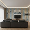 Mekong Stripe Spa Blue and Beige | Thibaut Wallcoverings - Living Room Visualization (AI-generated, may not be to scale. Verify pattern scale with product specifications.)