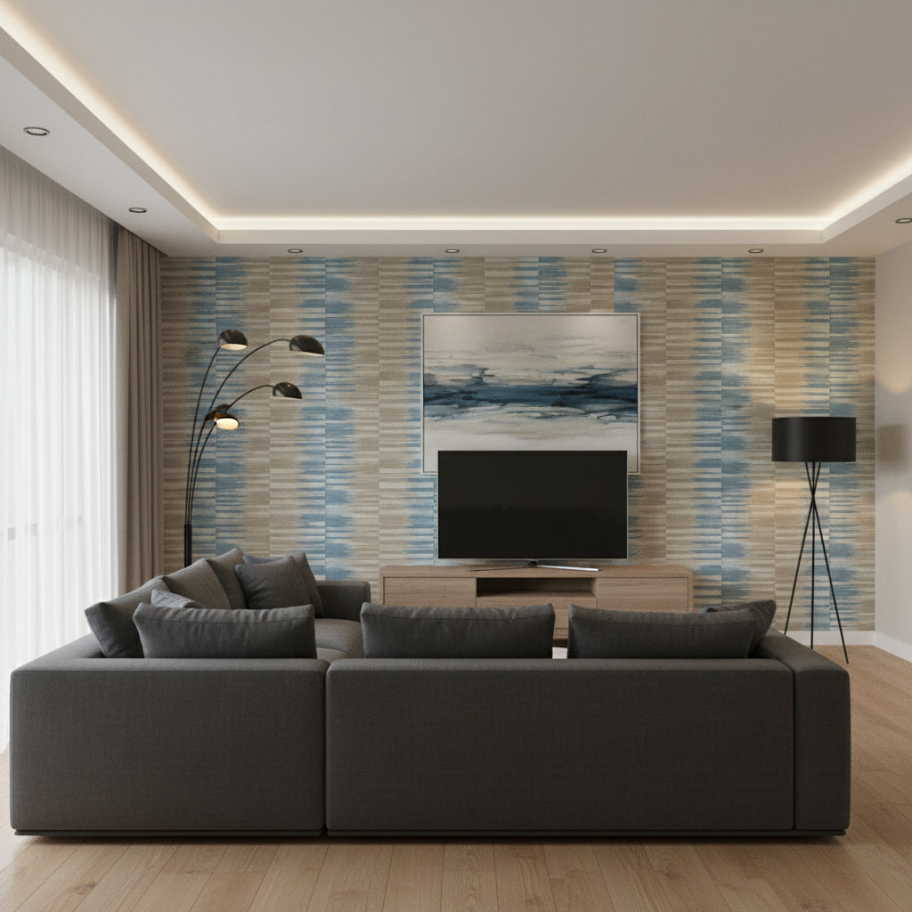 Mekong Stripe Spa Blue and Beige | Thibaut Wallcoverings - Living Room Visualization (AI-generated, may not be to scale. Verify pattern scale with product specifications.)