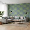 Palm Frond Navy and Green | Thibaut Wallcoverings - Living Room Visualization (AI-generated, may not be to scale. Verify pattern scale with product specifications.)