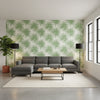 Palm Frond Green and White | Thibaut Wallcoverings - Living Room Visualization (AI-generated, may not be to scale. Verify pattern scale with product specifications.)