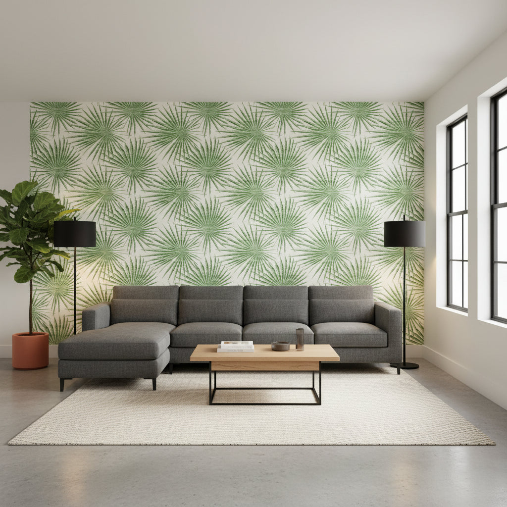 Palm Frond Green and White | Thibaut Wallcoverings - Living Room Visualization (AI-generated, may not be to scale. Verify pattern scale with product specifications.)