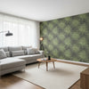 Palm Frond Black and Green | Thibaut Wallcoverings - Living Room Visualization (AI-generated, may not be to scale. Verify pattern scale with product specifications.)
