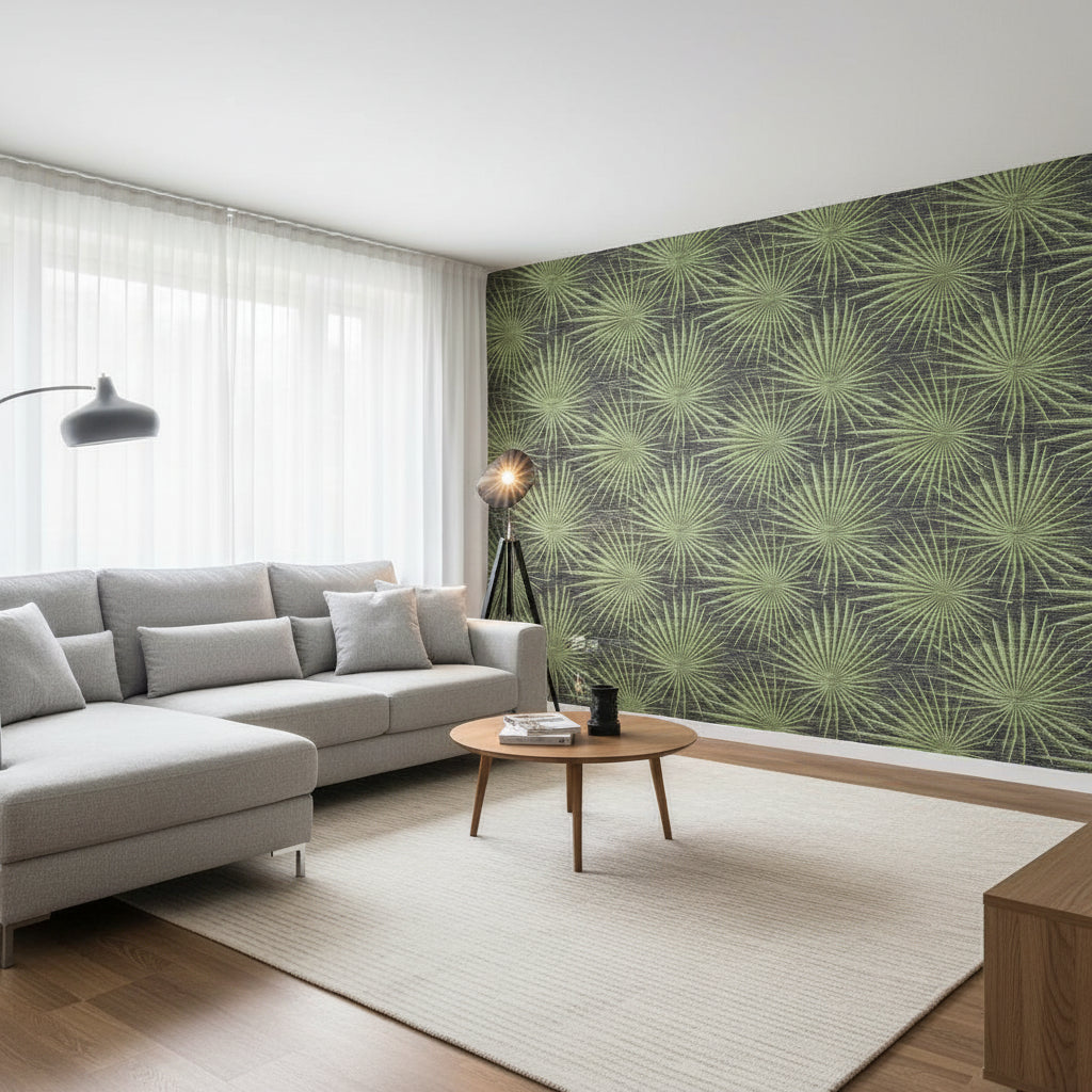Palm Frond Black and Green | Thibaut Wallcoverings - Living Room Visualization (AI-generated, may not be to scale. Verify pattern scale with product specifications.)