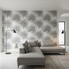 Palm Frond Black and White | Thibaut Wallcoverings - Living Room Visualization (AI-generated, may not be to scale. Verify pattern scale with product specifications.)