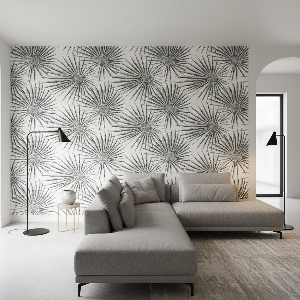 Palm Frond Black and White | Thibaut Wallcoverings - Living Room Visualization (AI-generated, may not be to scale. Verify pattern scale with product specifications.)