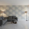 Palm Frond Metallic Silver on Beige | Thibaut Wallcoverings - Living Room Visualization (AI-generated, may not be to scale. Verify pattern scale with product specifications.)