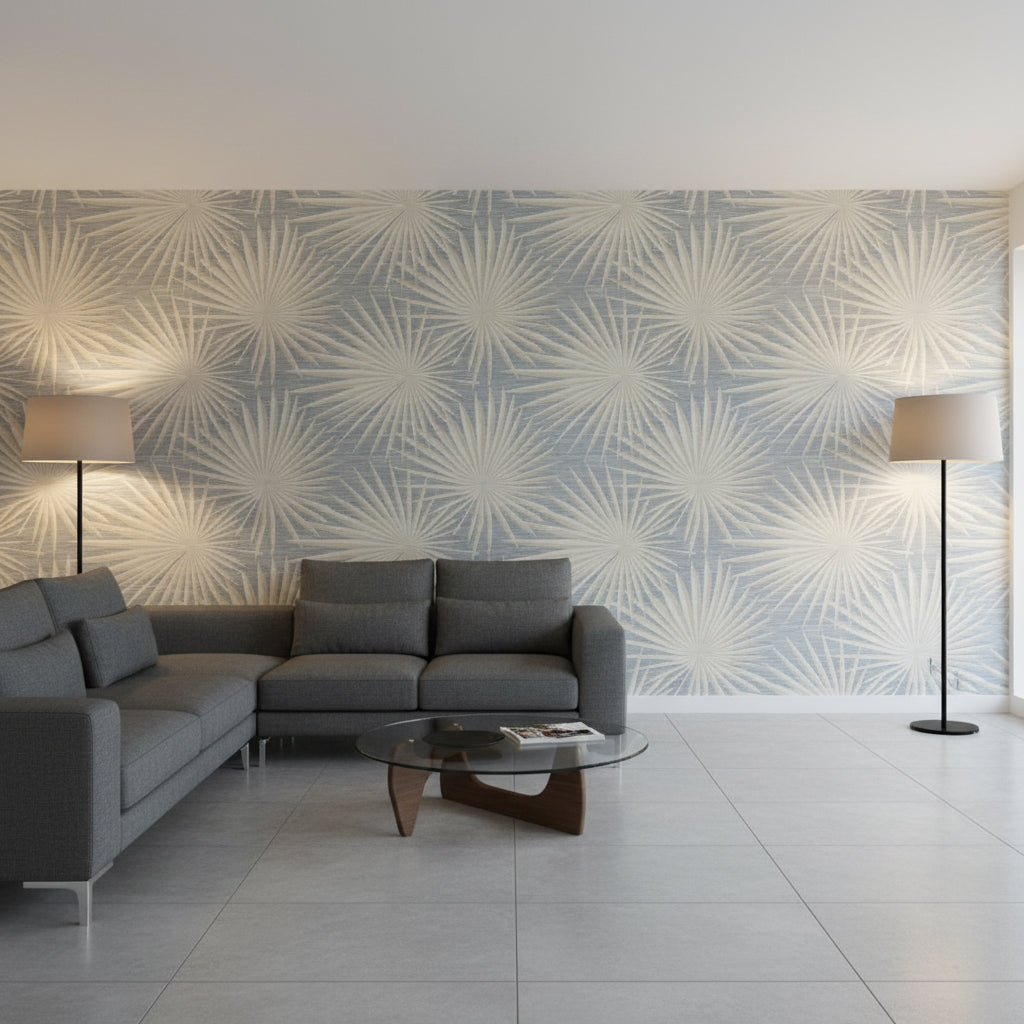 Palm Frond Metallic Silver on Beige | Thibaut Wallcoverings - Living Room Visualization (AI-generated, may not be to scale. Verify pattern scale with product specifications.)