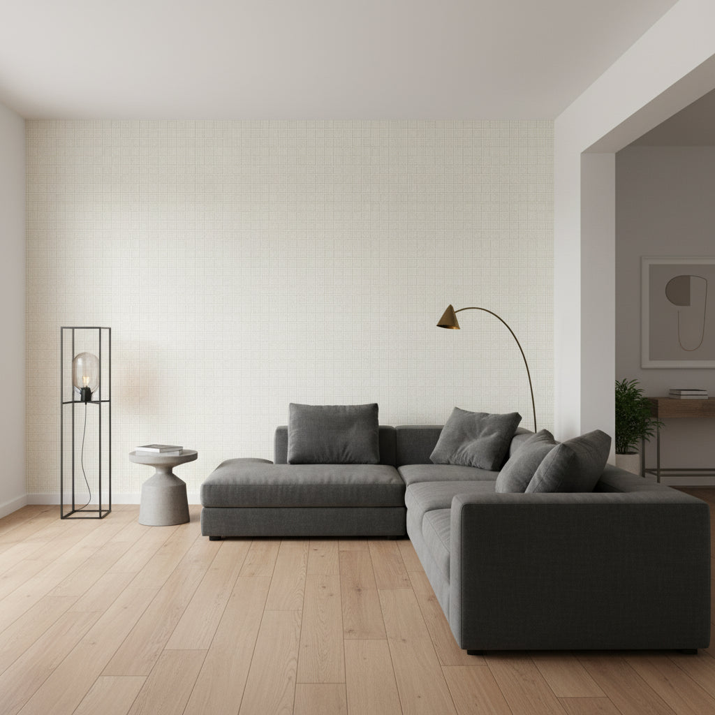 Pinellas Beige | Thibaut Wallcoverings - Living Room Visualization (AI-generated, may not be to scale. Verify pattern scale with product specifications.)