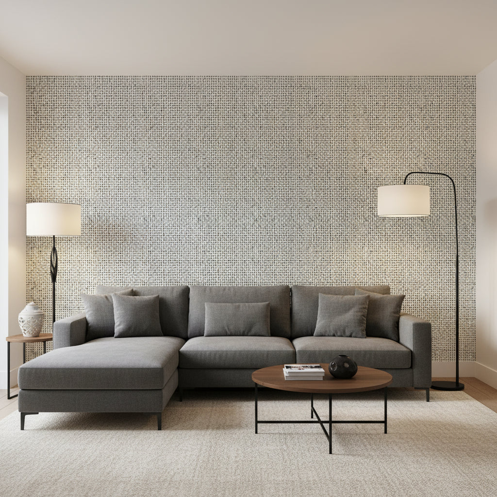 Pinellas Black | Thibaut Wallcoverings - Living Room Visualization (AI-generated, may not be to scale. Verify pattern scale with product specifications.)