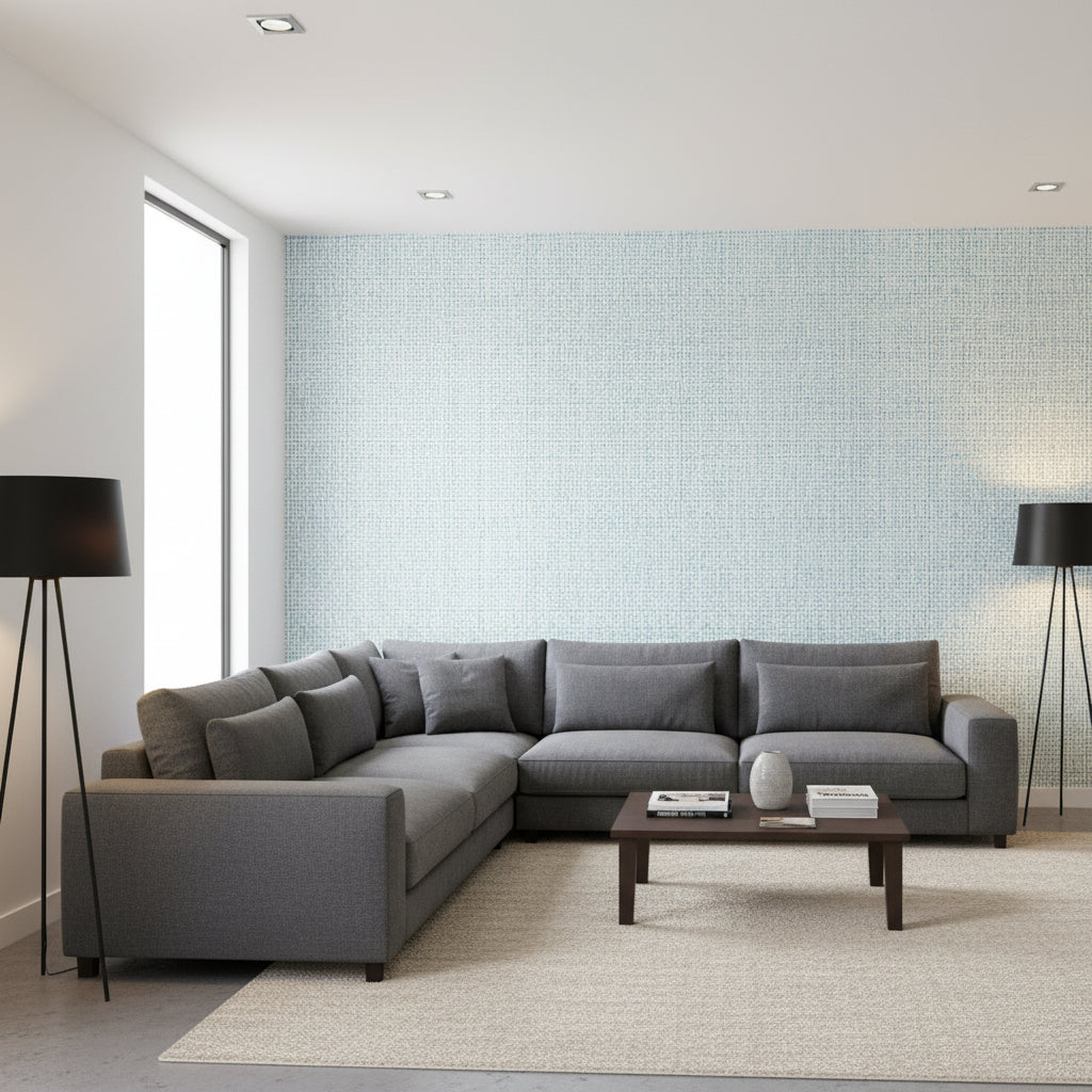 Pinellas Spa Blue | Thibaut Wallcoverings - Living Room Visualization (AI-generated, may not be to scale. Verify pattern scale with product specifications.)