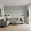 Rain Water Grey | Thibaut Wallcoverings - Living Room Visualization (AI-generated, may not be to scale. Verify pattern scale with product specifications.)