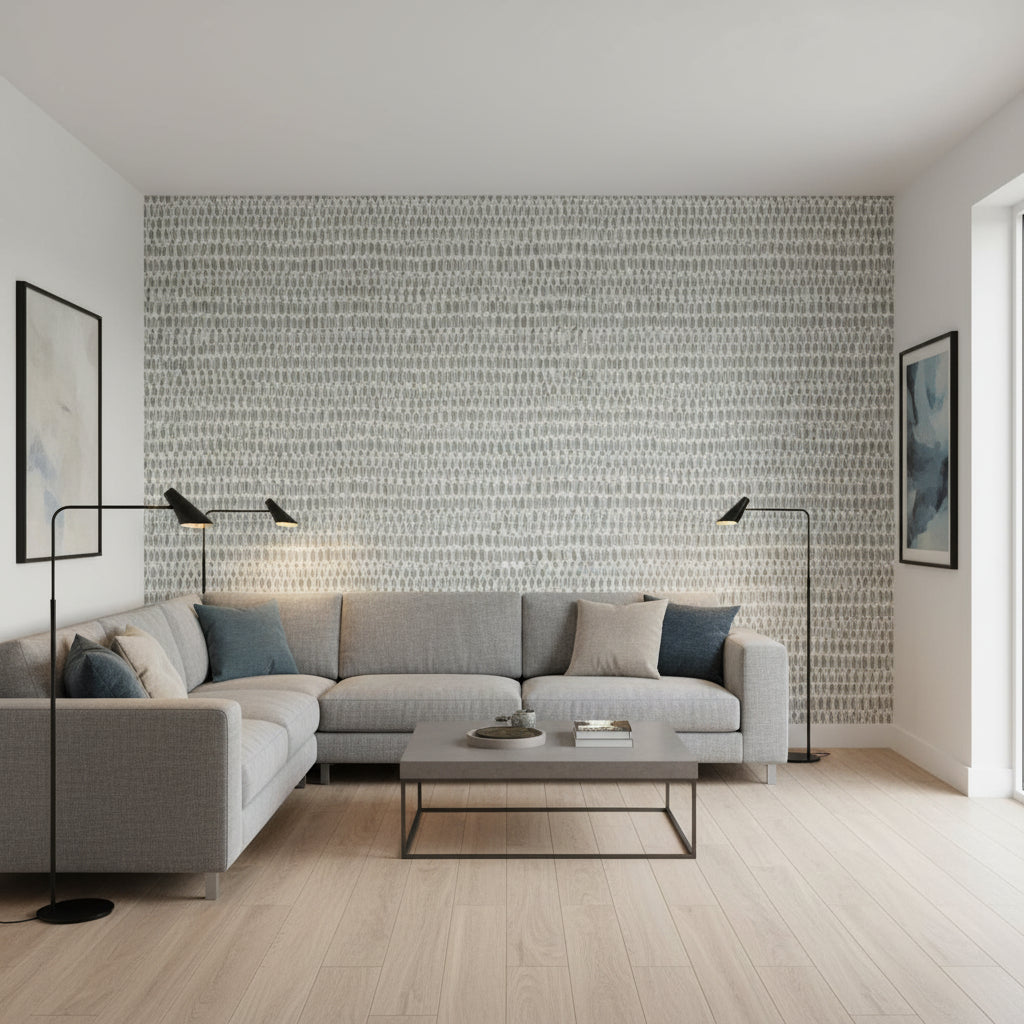 Rain Water Grey | Thibaut Wallcoverings - Living Room Visualization (AI-generated, may not be to scale. Verify pattern scale with product specifications.)