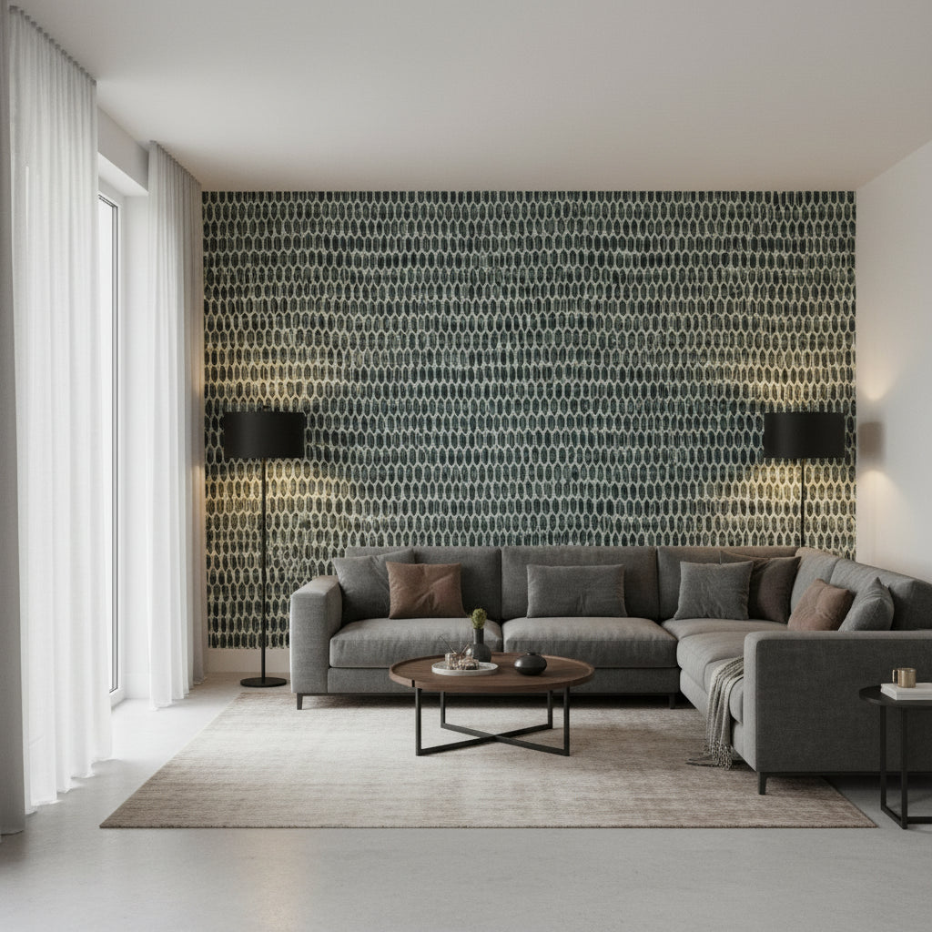 Rain Water Black | Thibaut Wallcoverings - Living Room Visualization (AI-generated, may not be to scale. Verify pattern scale with product specifications.)