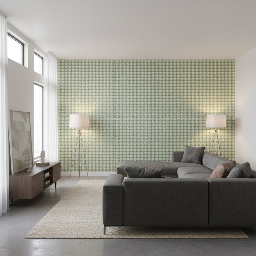 Baker Weave Green | Thibaut Wallcoverings - Living Room Visualization (AI-generated, may not be to scale. Verify pattern scale with product specifications.)