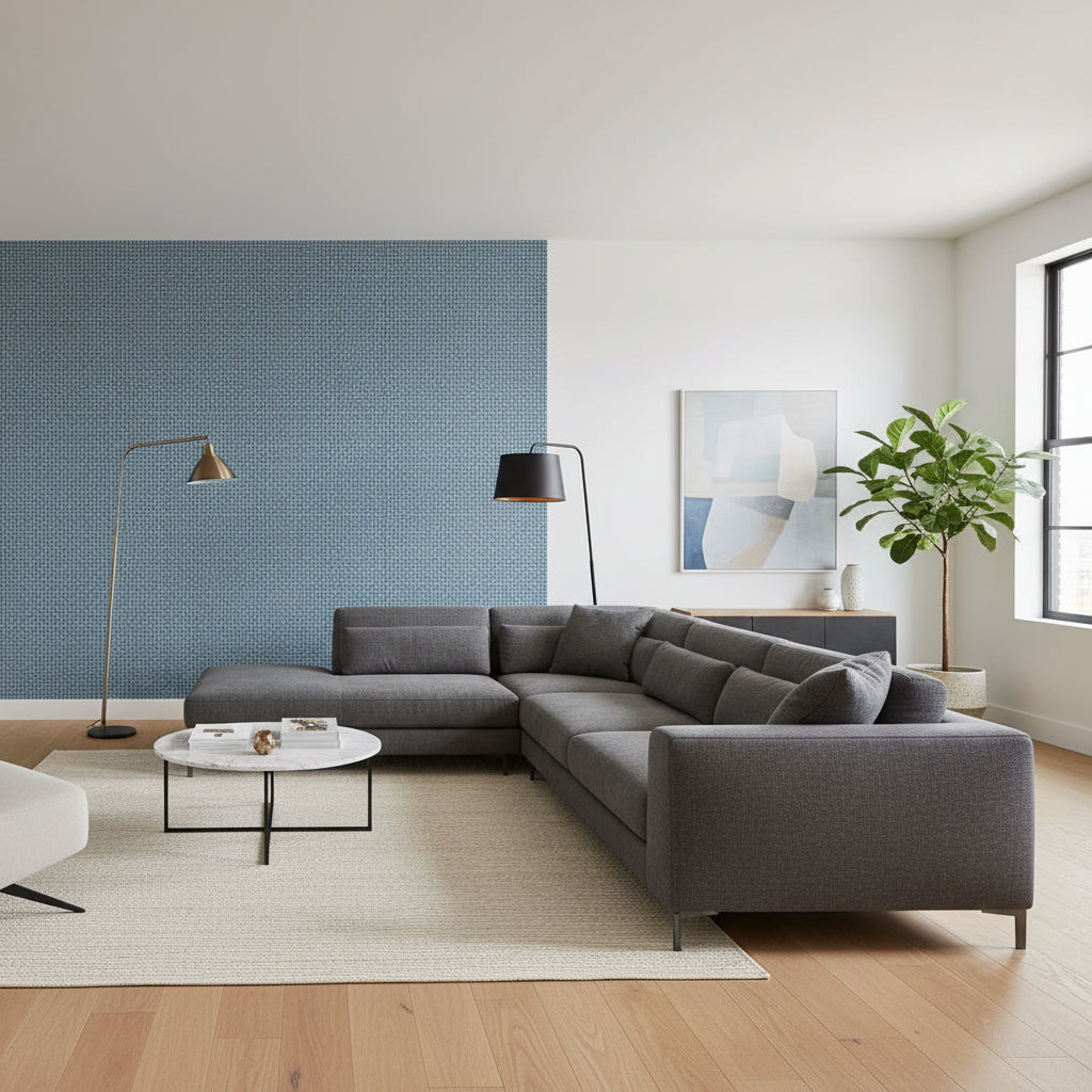 Baker Weave Navy | Thibaut Wallcoverings - Living Room Visualization (AI-generated, may not be to scale. Verify pattern scale with product specifications.)