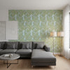 Desmond Aqua and Green | Thibaut Wallcoverings - Living Room Visualization (AI-generated, may not be to scale. Verify pattern scale with product specifications.)