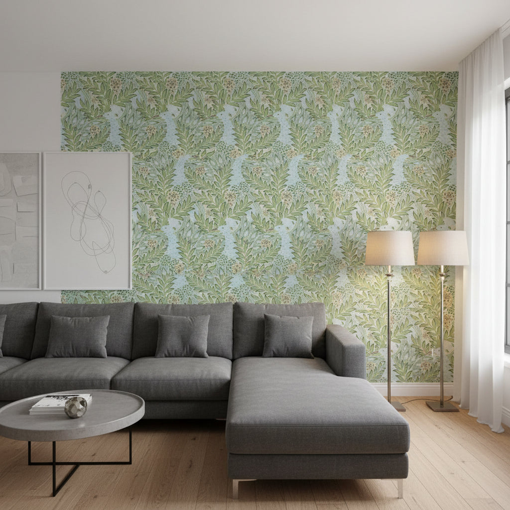 Desmond Aqua and Green | Thibaut Wallcoverings - Living Room Visualization (AI-generated, may not be to scale. Verify pattern scale with product specifications.)