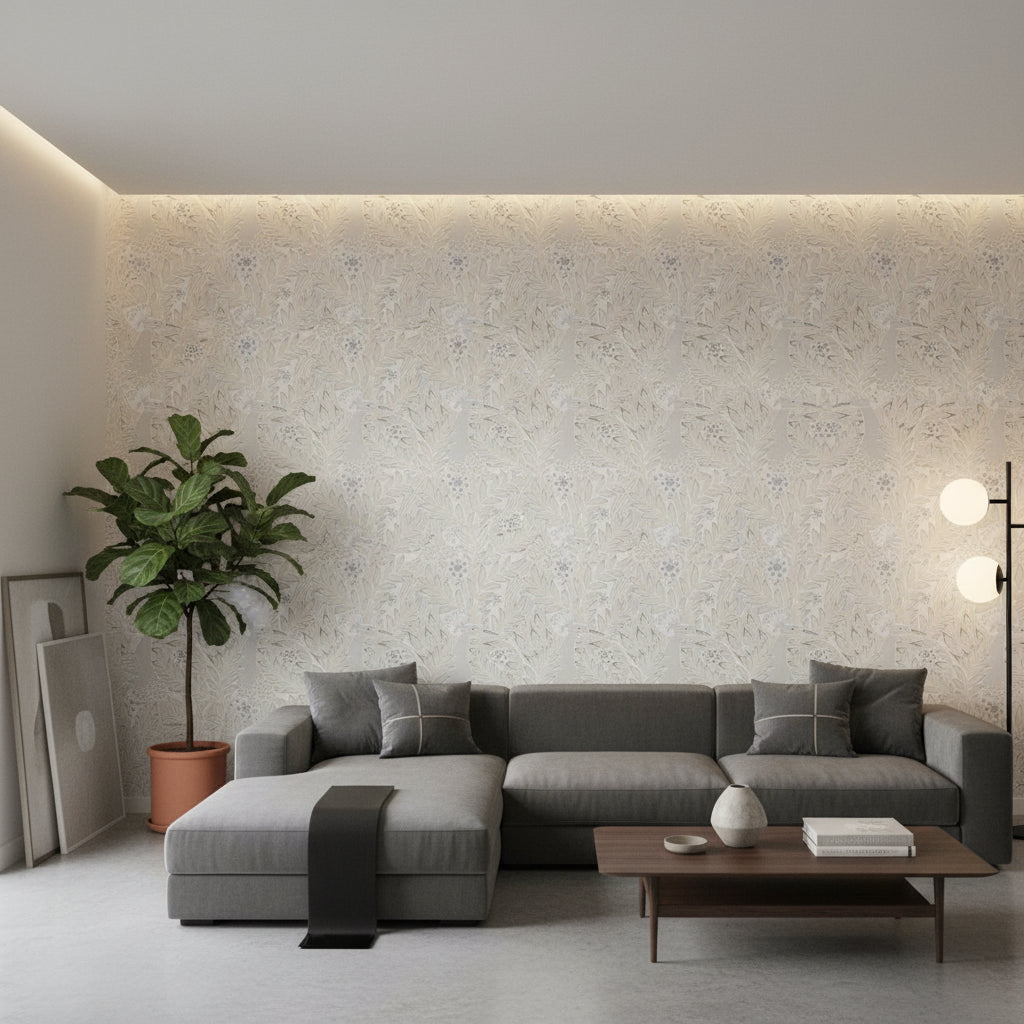 Desmond Pearl | Thibaut Wallcoverings - Living Room Visualization (AI-generated, may not be to scale. Verify pattern scale with product specifications.)