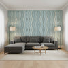 Ebru Aqua | Thibaut Wallcoverings - Living Room Visualization (AI-generated, may not be to scale. Verify pattern scale with product specifications.)
