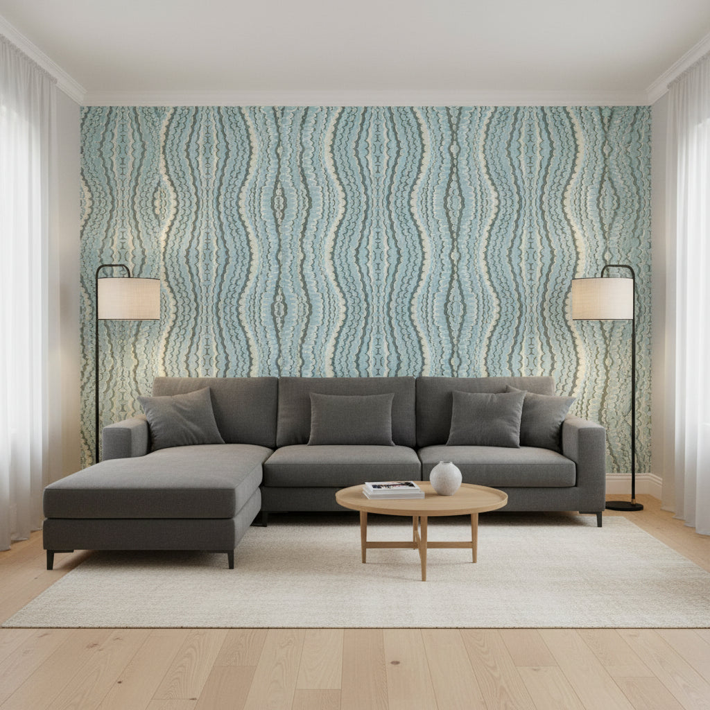 Ebru Aqua | Thibaut Wallcoverings - Living Room Visualization (AI-generated, may not be to scale. Verify pattern scale with product specifications.)