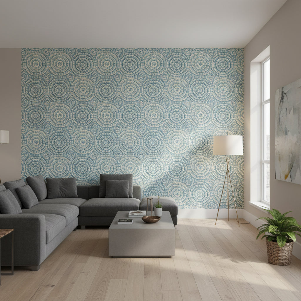 Kasai Aqua | Thibaut Wallcoverings - Living Room Visualization (AI-generated, may not be to scale. Verify pattern scale with product specifications.)