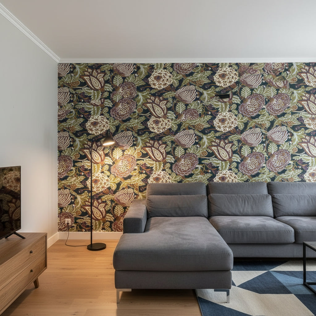 Mitford Black and Plum | Thibaut Wallcoverings - Living Room Visualization (AI-generated, may not be to scale. Verify pattern scale with product specifications.)
