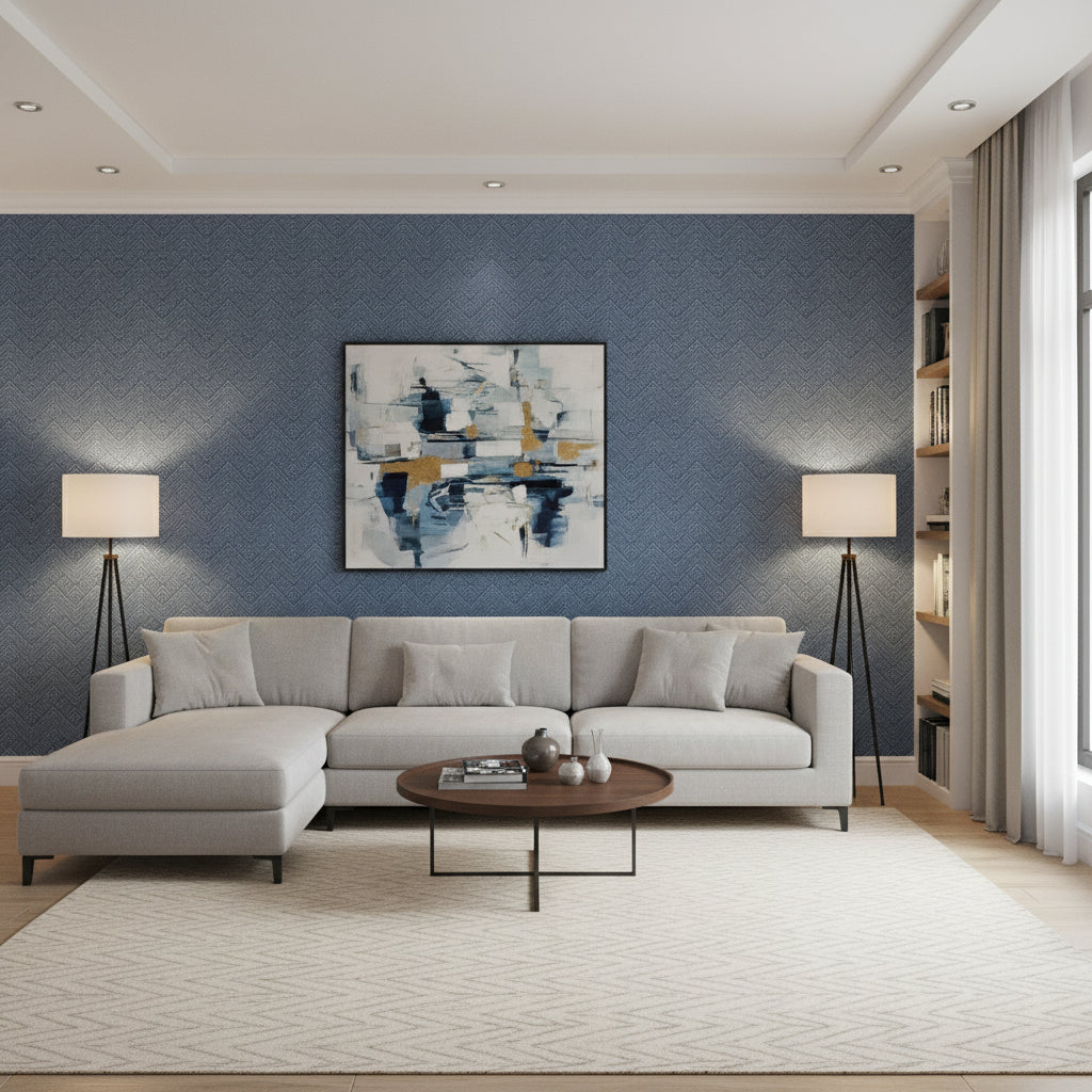 Oslo Chevron Navy | Thibaut Wallcoverings - Living Room Visualization (AI-generated, may not be to scale. Verify pattern scale with product specifications.)