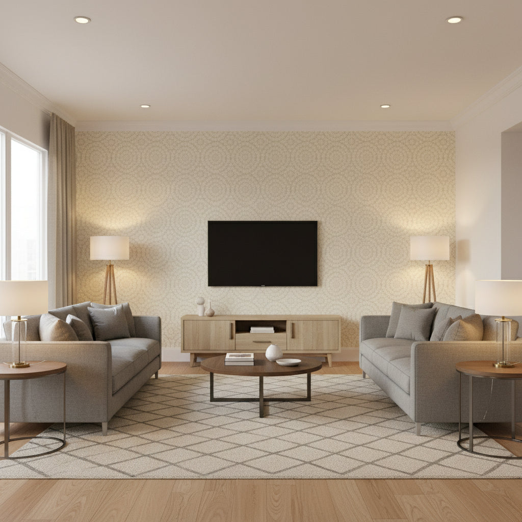 Moab Weave Thibaut Moab Weave(T4030) | Thibaut Wallcoverings - Living Room Visualization (AI-generated, may not be to scale. Verify pattern scale with product specifications.)