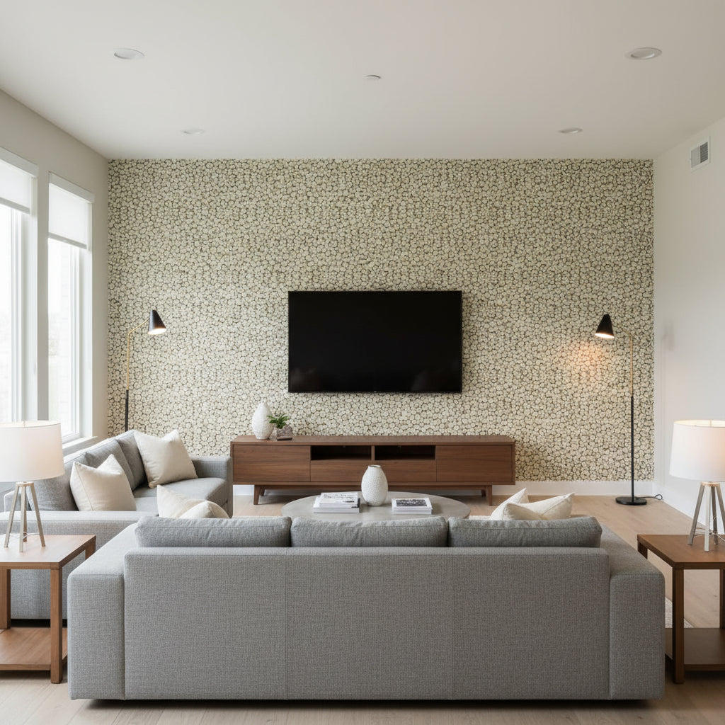 Aster Charcoal | Thibaut Wallcoverings - Living Room Visualization (AI-generated, may not be to scale. Verify pattern scale with product specifications.)