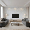 Prisma Blue | Thibaut Wallcoverings - Living Room Visualization (AI-generated, may not be to scale. Verify pattern scale with product specifications.)