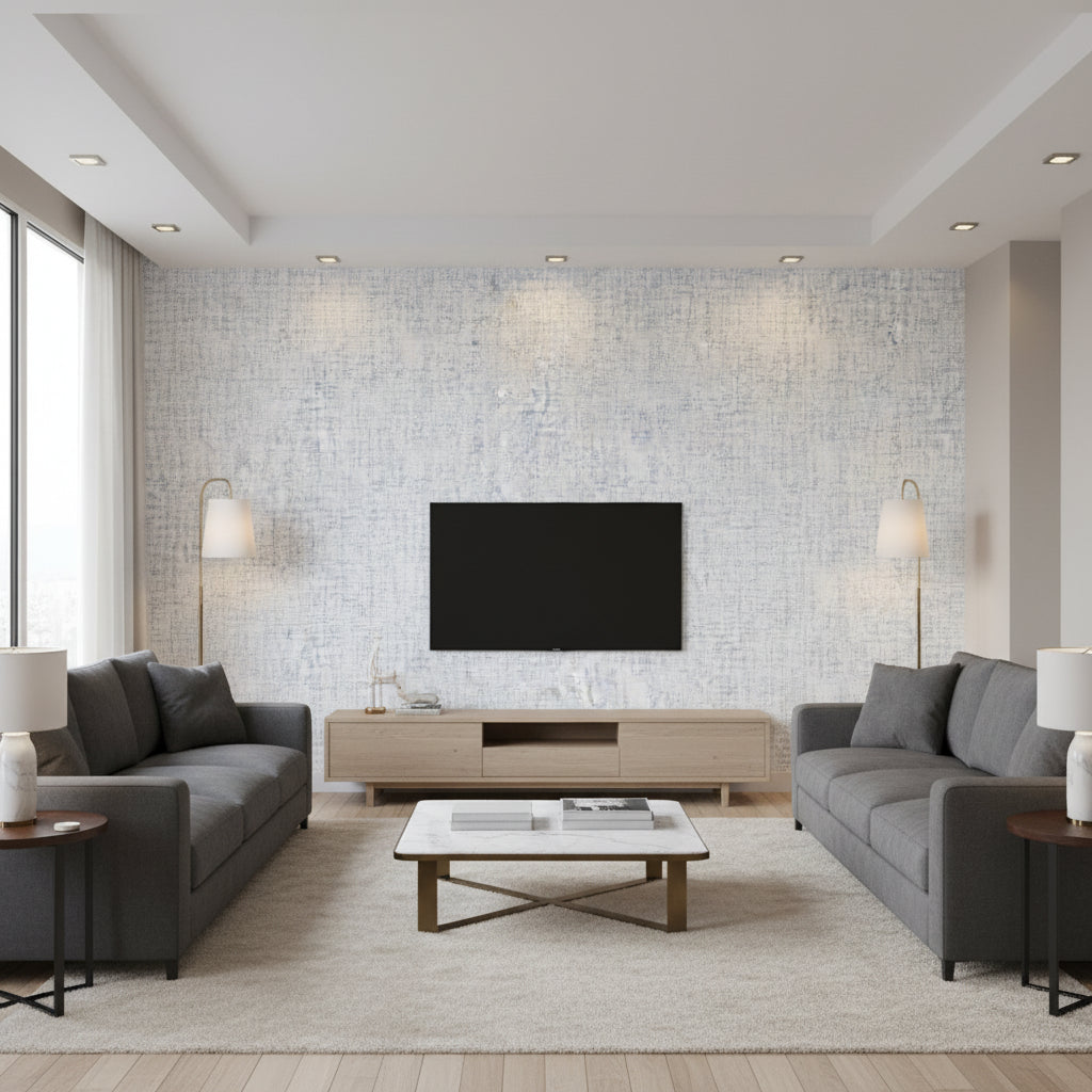 Prisma Blue | Thibaut Wallcoverings - Living Room Visualization (AI-generated, may not be to scale. Verify pattern scale with product specifications.)
