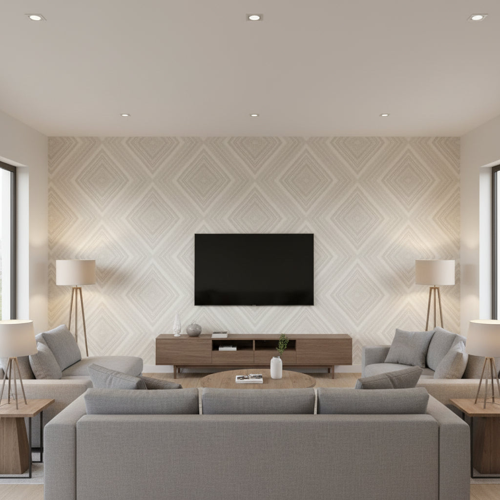 Tappeto Neutral | Thibaut Wallcoverings - Living Room Visualization (AI-generated, may not be to scale. Verify pattern scale with product specifications.)
