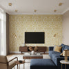 Curtis Damask Metallic Gold on White | Thibaut Wallcoverings - Living Room Visualization (AI-generated, may not be to scale. Verify pattern scale with product specifications.)