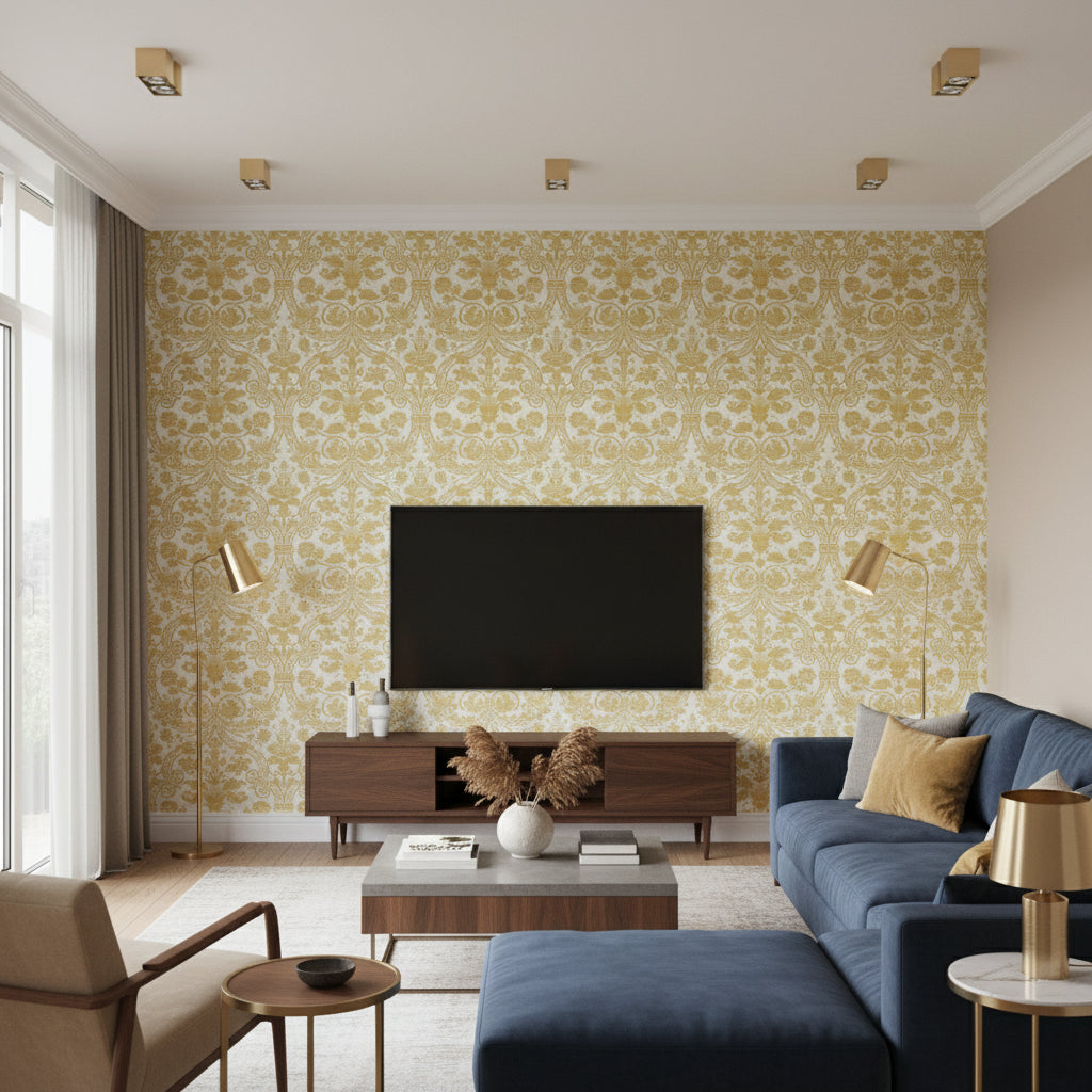 Curtis Damask Metallic Gold on White | Thibaut Wallcoverings - Living Room Visualization (AI-generated, may not be to scale. Verify pattern scale with product specifications.)
