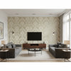 Passaro Damask Cream on Metallic Pewter | Thibaut Wallcoverings - Living Room Visualization (AI-generated, may not be to scale. Verify pattern scale with product specifications.)