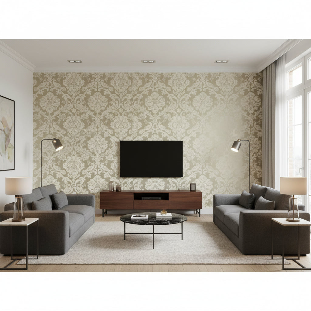 Passaro Damask Cream on Metallic Pewter | Thibaut Wallcoverings - Living Room Visualization (AI-generated, may not be to scale. Verify pattern scale with product specifications.)