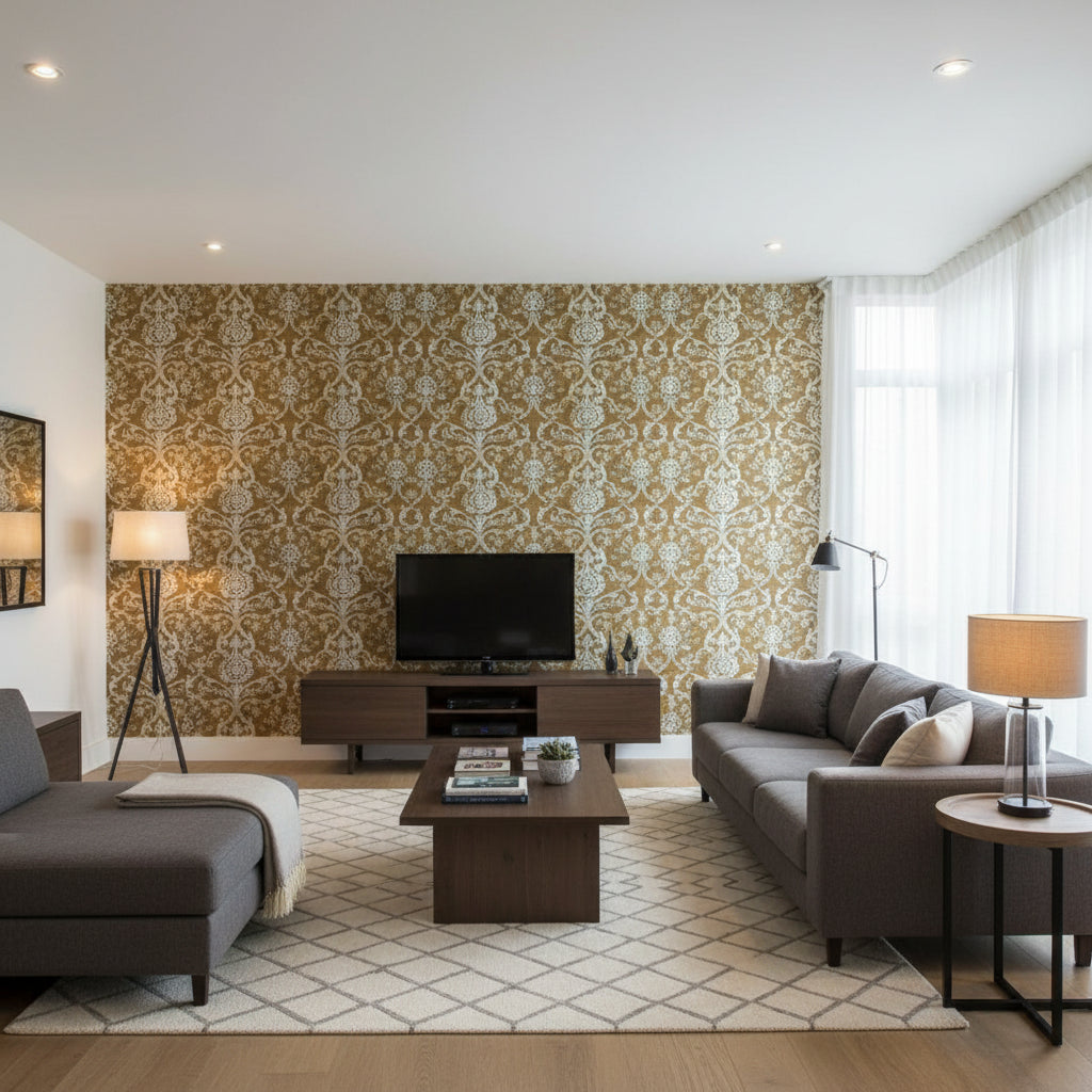 Pravata Damask Sienna on Foil | Thibaut Wallcoverings - Living Room Visualization (AI-generated, may not be to scale. Verify pattern scale with product specifications.)